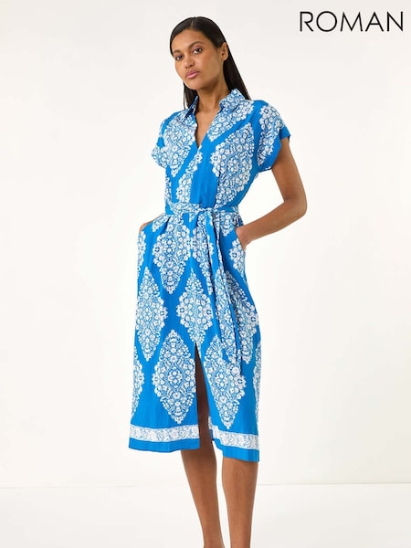 Roman Blue Geometric Print Belted Shirt Midi Dress (W31071) | £48