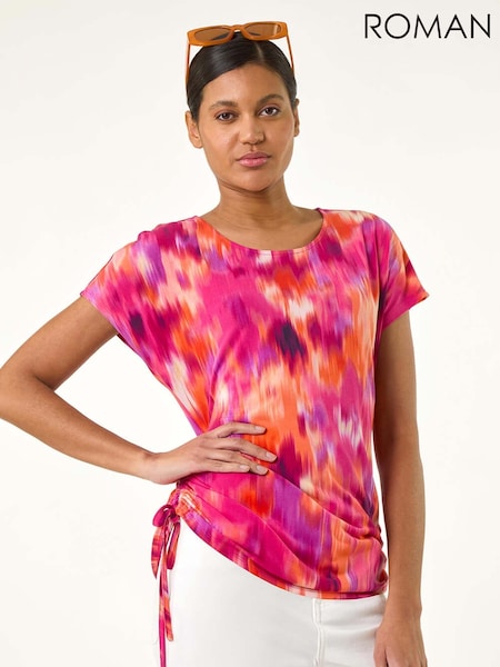 Roman Pink Abstract Print Side Tie Detail Top (W31072) | £32