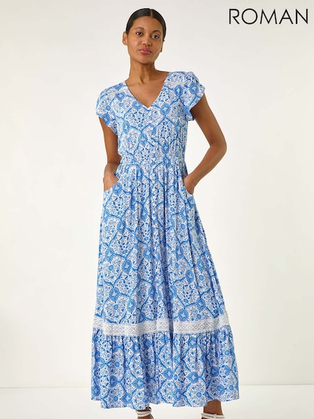Roman Blue Tile Print Shirred Waist Midi Dress (W31084) | £58