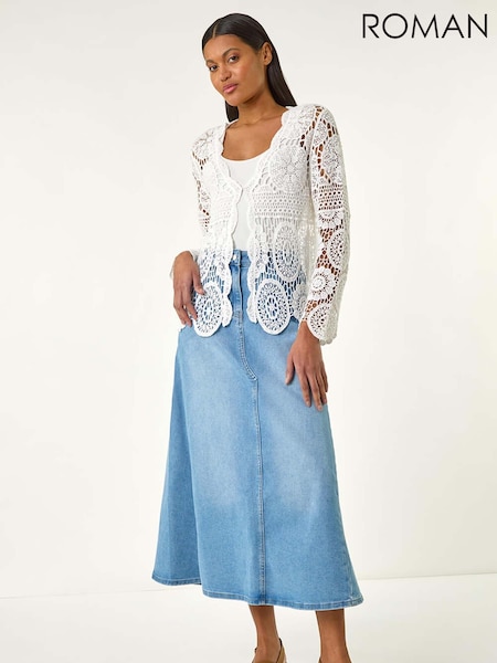 Roman White 100% Cotton Crochet Tie Front Knit Cardigan (W31096) | £40