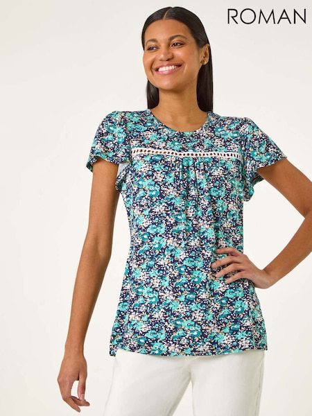 Roman Blue Floral Print Ladder Trim Stretch Top (W31102) | £36