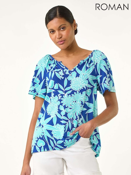 Roman Blue Textured Print Notch Neck Top (W31105) | £32
