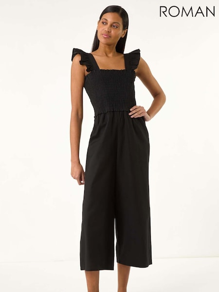 Roman Black Cotton Linen Blend Frill Jumpsuit (W31112) | £42