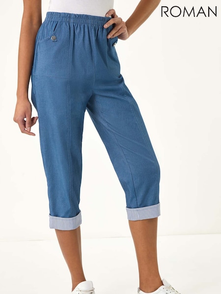 Roman Blue Contrast Detail Cropped Stretch Trousers (W31114) | £32