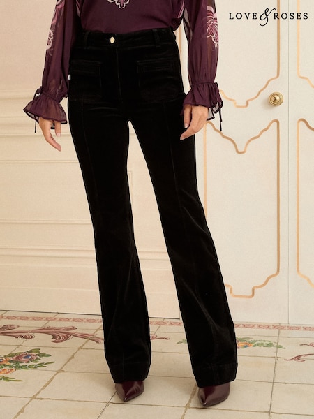Love & Roses Black Cord Relaxed Flared Trousers (W31293) | £54