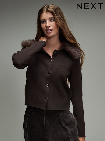 Chocolate Brown Compact Cosy Soft Faux Fur Detatchable Neck Detail Long Sleeve Cardigan (W31330) | £45