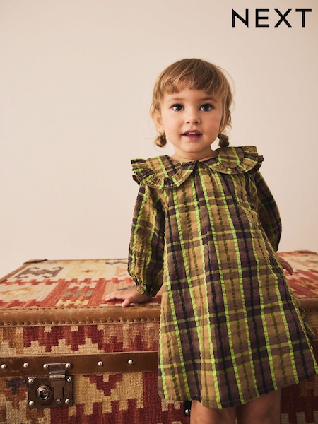 Chocolate/Lime Check Frill Collar Long Sleeve Dress (3mths-8yrs) (W31343) | £15 - £21