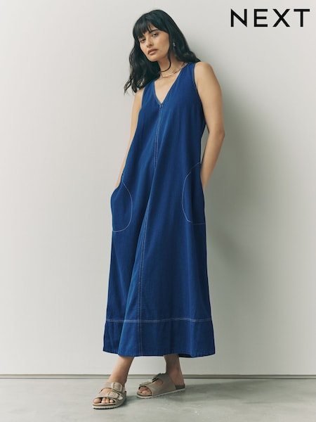 Mid Blue Denim V-Neck Sleeveless Maxi Dress (W31366) | £45