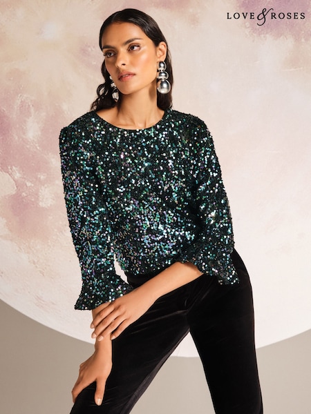 Love & Roses Multi Ombre Petite Sequin Flute Sleeve Top (W31423) | £52