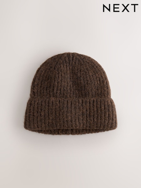 Chocolate Brown Ribbed Beanie Containing Wool Hat (W31441) | £12