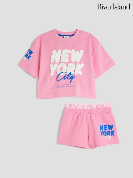 River Island Pink Girls 100% Cotton NYC Runner Set (W31482) | £18