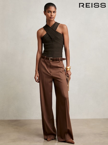 Reiss Chocolate Alex Cross Neck Textured Top (W31495) | £98