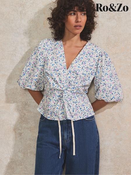 Ro&Zo White Ditsy Print Twist Front 100% Cotton Blouse (W31570) | £69