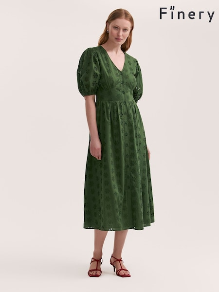 Finery Green Una Cotton Broderie Midi Dress (W31675) | £59
