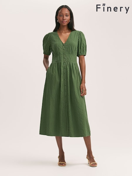 Finery Green Addison Cotton Seersucker Button Through Midi Dress (W31676) | £55