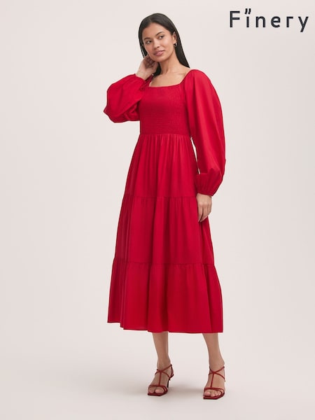 Finery Red Lauretta Cotton Midi Tiered Dress (W31682) | £49
