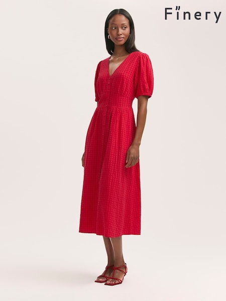 Finery Red Addison Cotton Seersucker Button Through Midi Dress (W31693) | £55