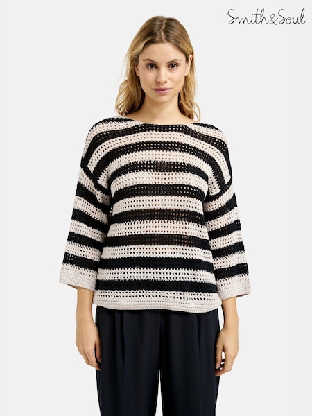 Smith & Soul Blue Striped Round Neck Crochet Pullover Jumper (W31722) | £89