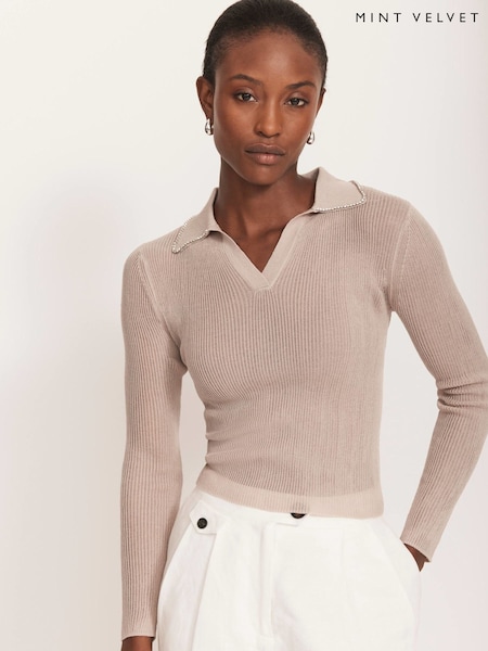 Mint Velvet Cream Embellished Collar Top (W31841) | £89
