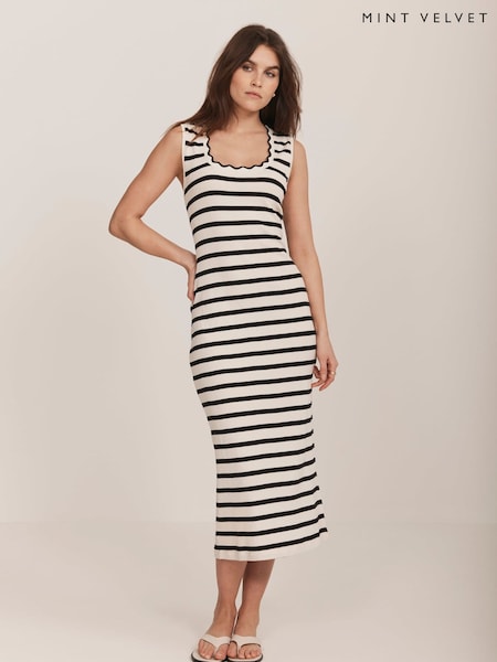 Mint Velvet Cream Jersey Striped 100% Cotton Midi Dress (W31842) | £89