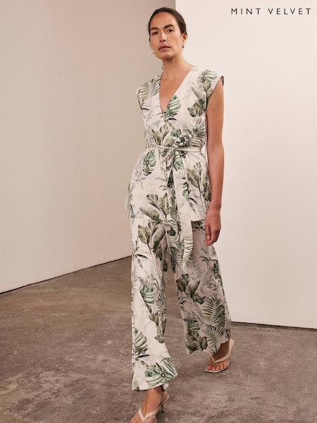 Mint Velvet Green 100% Cotton Wide Palm Print Trousers (W31843) | £99