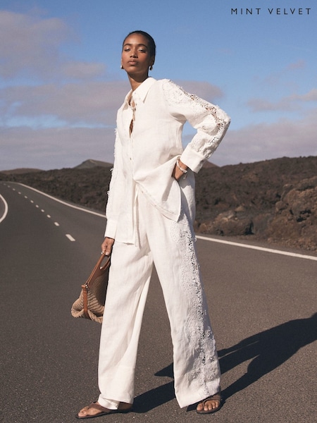 Mint Velvet White 100% Linen Lace Trim Wide Trousers (W31853) | £110