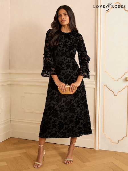 Love & Roses Black Floral Burnout Ruffle Midi Dress (W31863) | £79