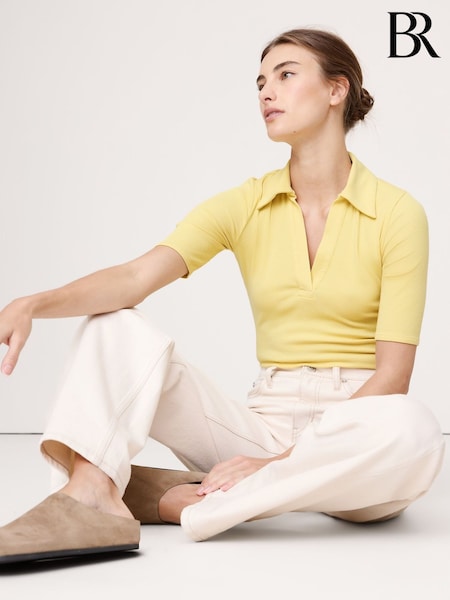 Banana Republic Yellow Ribbed Elbow-Sleeve Polo Shirt (W31915) | £30