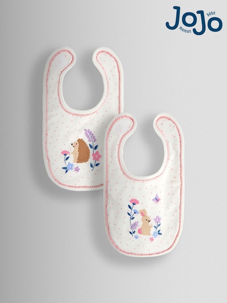 JoJo Maman Bébé Cream Speckled Hedgehog 2-Pack Embroidered Appliqué Bibs (W31980) | £12