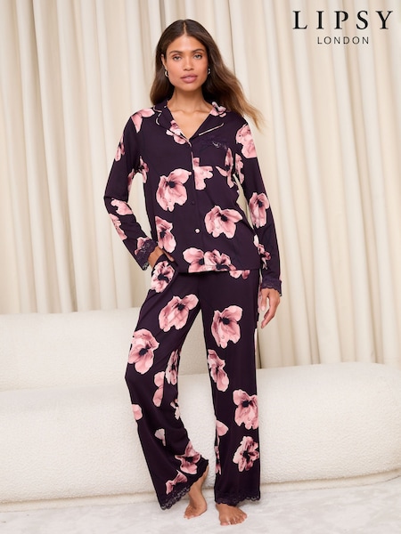 Lipsy Purple Floral Jersey Long Sleeve and Trousers Pyjamas Set (W31999) | £38