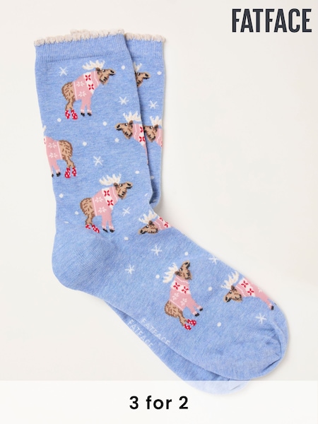 FatFace Blue Shelter Moose Socks (W32034) | £7.50