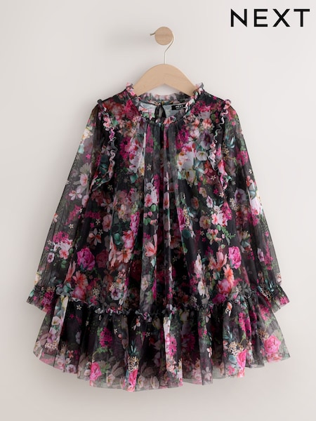 Black Floral Long Sleeve Mesh Party Dress (3-16yrs) (W32121) | £24 - £30