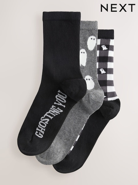 Black/White Ghost Slogan Ankle Socks 3 Pack (W32151) | £9