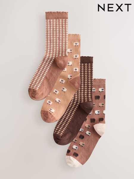 Neutral Check Sheep Ankle Socks 4 Pack (W32158) | £10