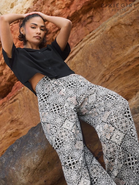 PixieGirl Petite Black Wide Leg 100% Cotton Trousers (W32200) | £34