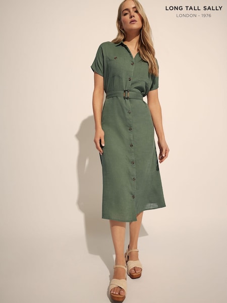 Long Tall Sally Green Grown On Sleeve Button Dress with Containing Linen (W32211) | £43