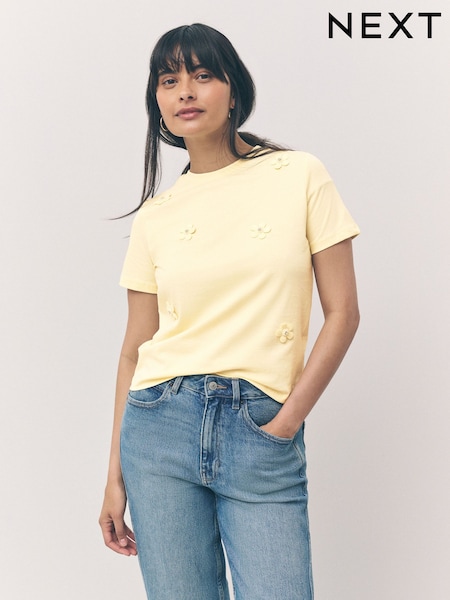 Yellow Short Sleeve Floral Print Embellished T-Shirt (W32212) | £28