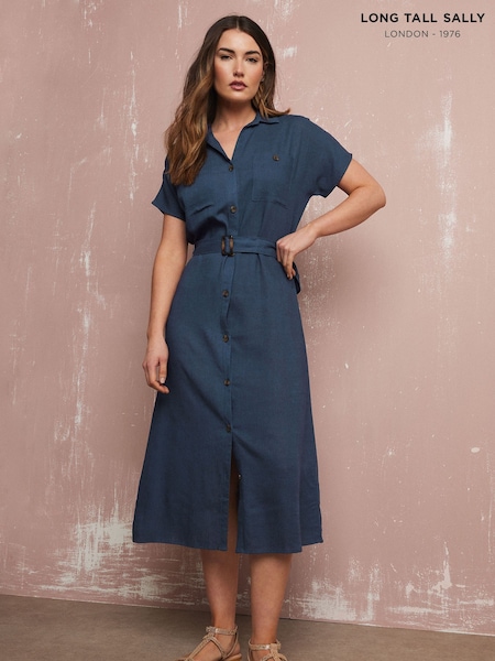Long Tall Sally Blue Grown On Sleeve Button Dress with Containing Linen (W32225) | £43