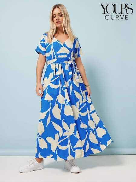 Yours Curve Aqua Blue Floral Wrap Dress (W32231) | £37