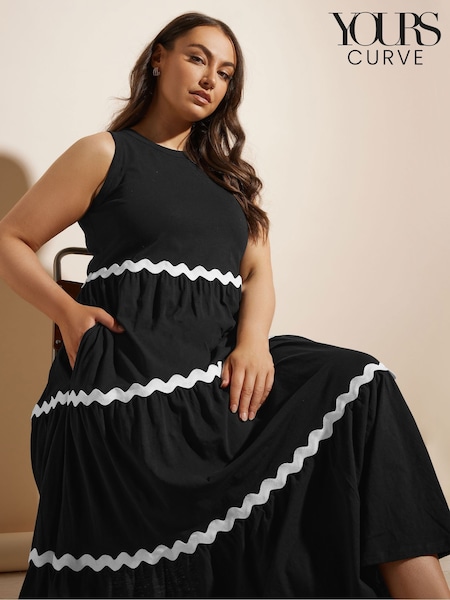 Yours Curve Black Contrast Trim Tierred 100% Cotton Dress (W32235) | £34