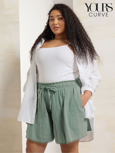 Yours Curve Green Double Gauze Flippy 100% Cotton Shorts (W32240) | £27