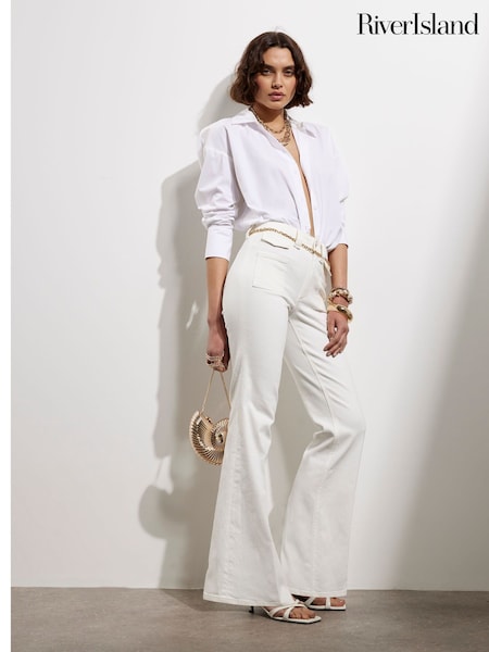 River Island White High Rise Relaxed Flare Jeans (W32357) | £59