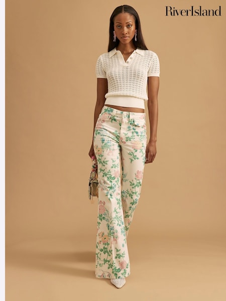 River Island White Floral Print High Rise Relaxed Flare Jeans (W32372) | £59