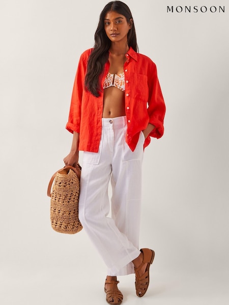 Monsoon White Jolie Short Wide Leg 100% Linen Trousers (W32392) | £69