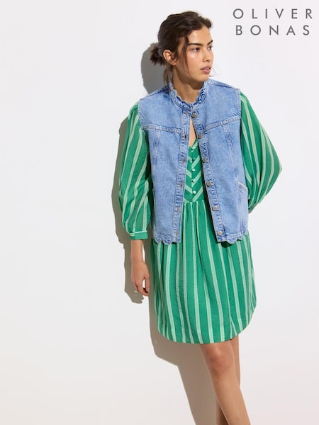 Oliver Bonas Blue Scalloped Denim 100% Cotton Waistcoat (W32427) | £60