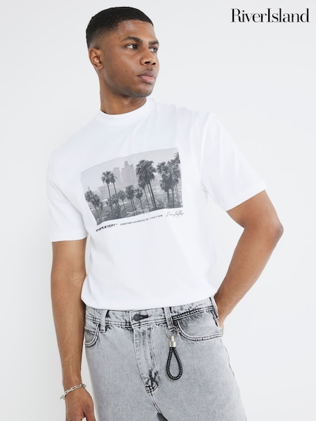 River Island White Regular Fit Palm 100% Cotton T-Shirt (W32461) | £26