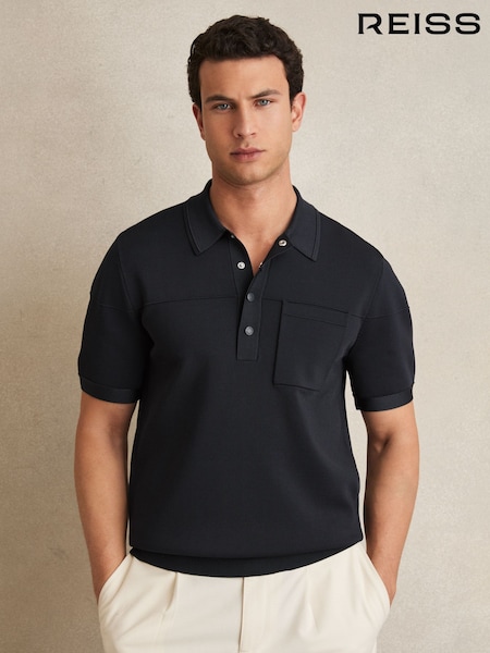 Reiss Navy Blinker Press-Stud Seam-Detail Polo Shirt (W32468) | £120
