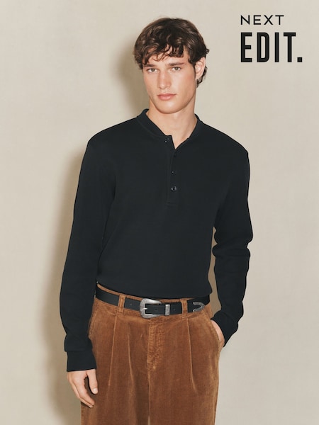 Black EDIT Long Sleeve Grandad Neck T-Shirt (W32511) | £32
