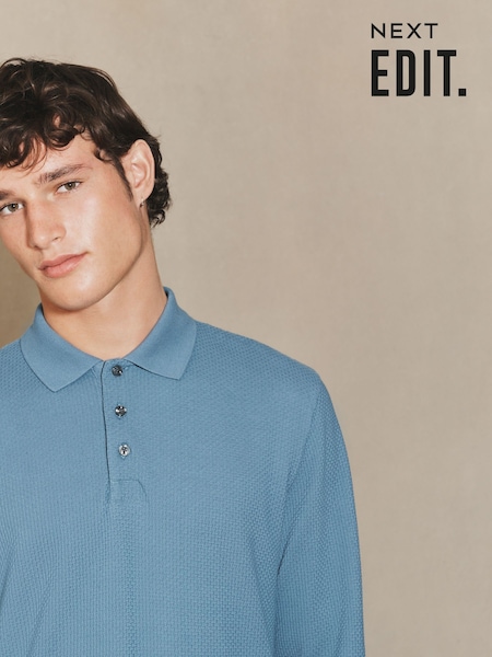 Blue EDIT Long Sleeve Textured Polo Shirt (W32514) | £30