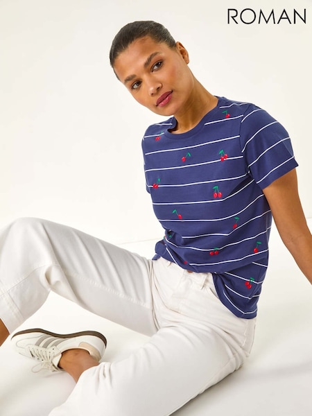 Roman Blue Embroidered Cherry 100% Cotton T-Shirt (W32532) | £32